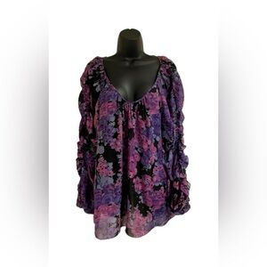 Rebecca Taylor Sheer Silk Scoop  Neck Floral Print Blouse